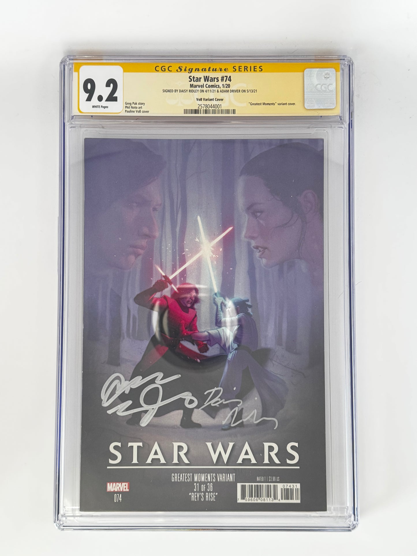 STAR WARS #74 GREATEST MOMENTS VAR SIGNED BY DAISEY RIDLEY & ADAM DRIVER CGC 9.2 SS YELLOW LABEL [IN STOCK]