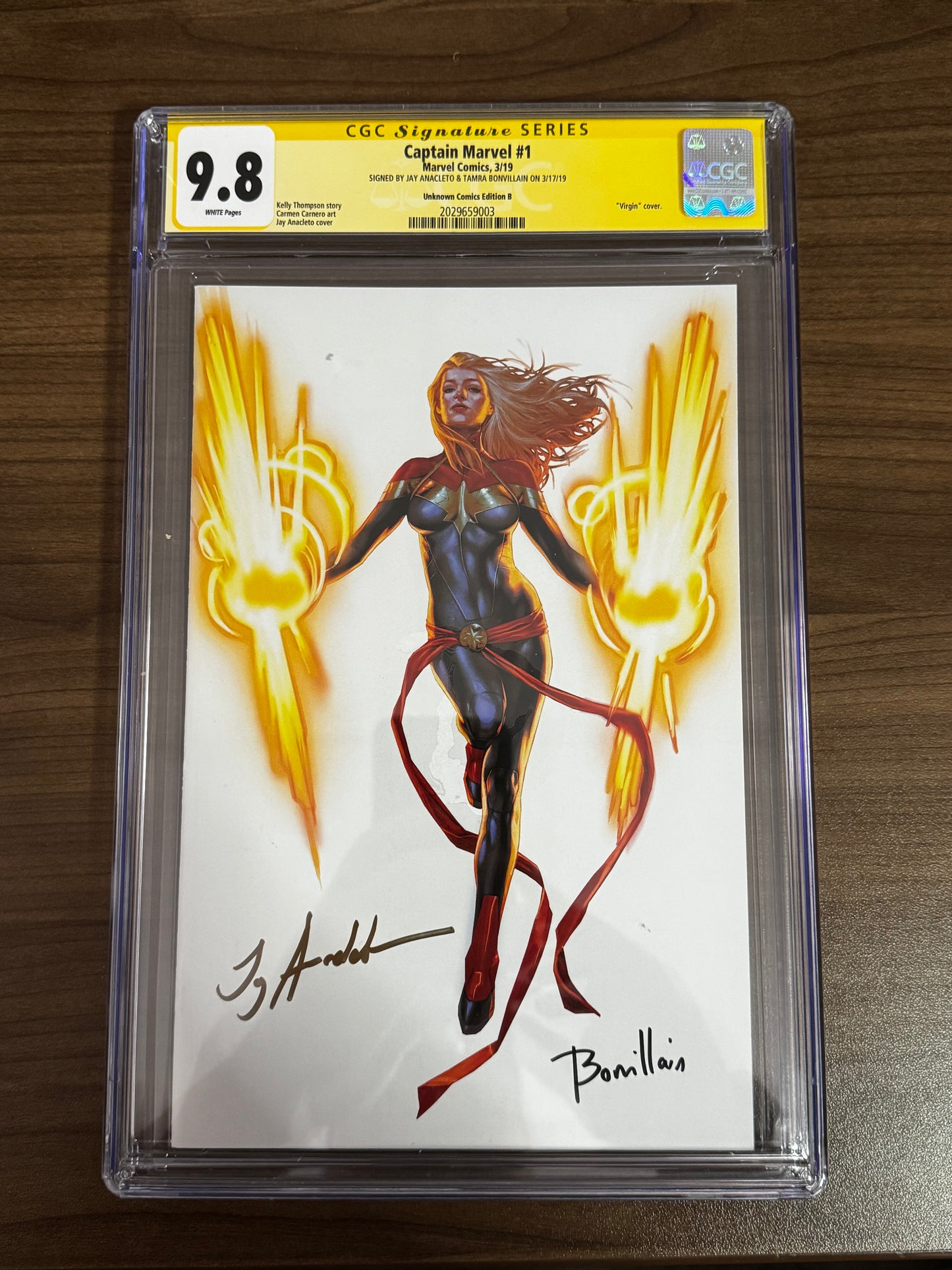 Captain Marvel #1 [DOUBLE SIGNED] JAY ANACLETO | TAMRA BONVILLAIN EXCLUSIVE VAR CGC 9.8 YELLOW LABEL 2019 [IN STOCK]