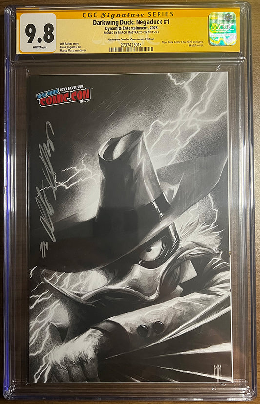 CGC 9.8 YELLOW LABEL DARKWING DUCK: NEGADUCK #1 NYCC UNKNOWN COMICS B&W VIRGIN SIGNED BY MARCO MASTRAZZO (IN STOCK)