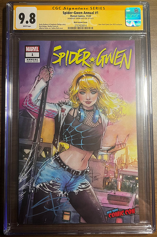 CGC 9.8 YELLOW LABEL SPIDER-GWEN ANNUAL NYCC UNKNOWN COMICS  SIGNED BY SABINE RICH (IN STOCK)